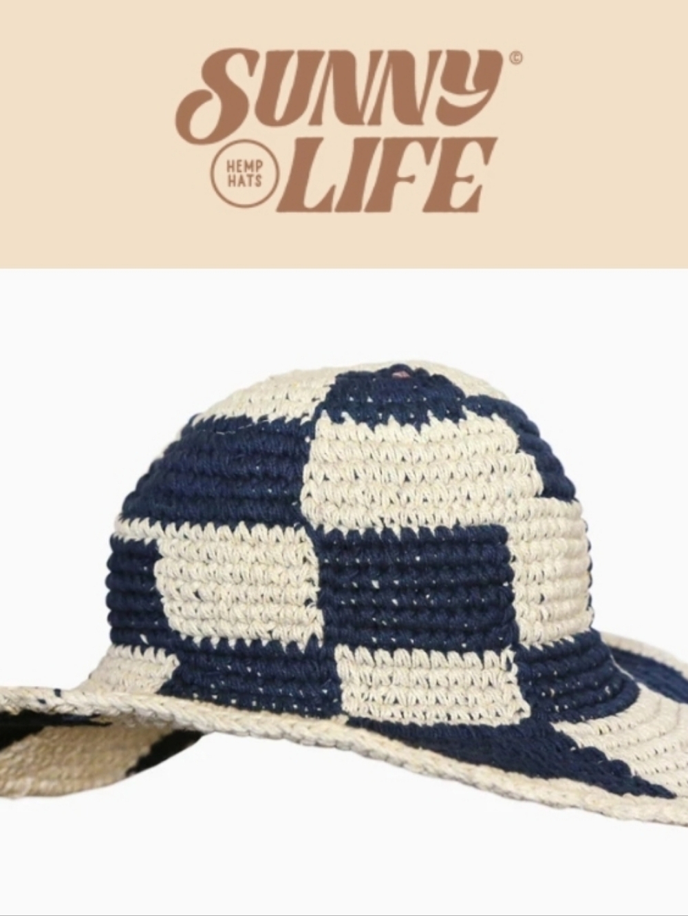 Sunny Life Crochet Cotton Checkerboard Beach Hat - Navy & Natural